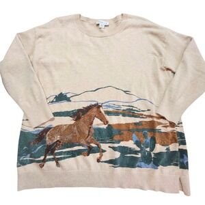 Coldwater Creek Western Horse Sweater Petite Large Landscape Ranchcore Tan Brown